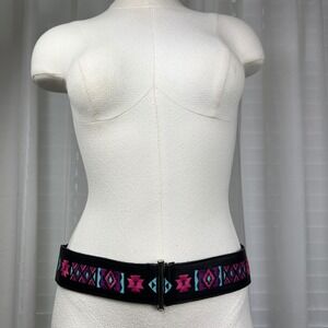 Womens Black Leather Embroidered Southwestern Elastic‎ Waist Belt M Festival USA